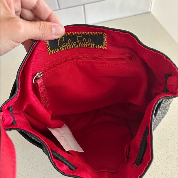 CARLOS FALCHI Vegan Leather Drawstring Bucket Shoulder Bag Purse Black Red Vtg - Picture 9 of 9